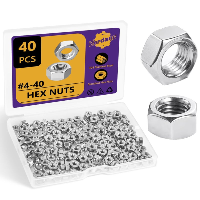 ZerDans #4-40 Hex Nuts, 40Pcs 304 Stainless Steel Metal Standard Inch Hexagonal Nuts Hardware Set for Bolt for Furniture, Automotive, Industry and Construction, Full Thread - Image 1